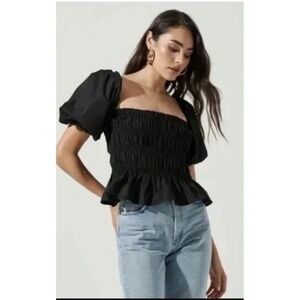 ASTR Black Smocked Puff Sleeve Off Shoulder Top XS Whimsigoth Coquette Y2K